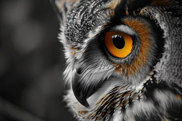 Deurstickers Captivating close up portrait of owl showcasing intense gaze sharp beak and intricate plumage. Symbol of wisdom and prowess is portrayed with brown feathers creating beautiful contrast dark background © Bussakon