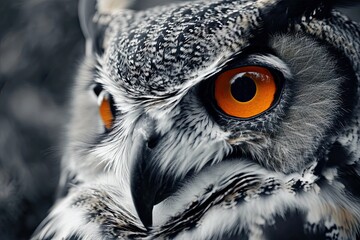 Captivating close up portrait of owl showcasing intense gaze sharp beak and intricate plumage. Symbol of wisdom and prowess is portrayed with brown feathers creating beautiful contrast dark background
