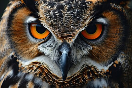 Captivating close up portrait of owl showcasing intense gaze sharp beak and intricate plumage. Symbol of wisdom and prowess is portrayed with brown feathers creating beautiful contrast dark background