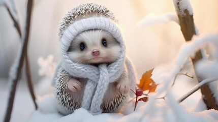cute baby Hedgehog in a winter forest on a winter day. christmas Hedgehog. 