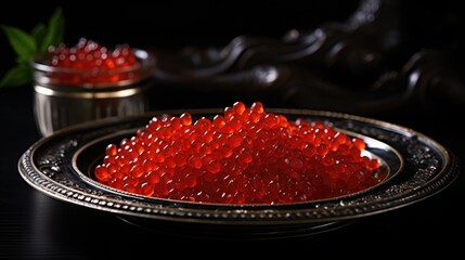 Red caviar in a dark plate on the table in a restaurant. Gourmet cuisine, restaurant appetizer. - obrazy, fototapety, plakaty
