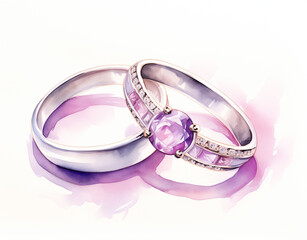 Watercolor painting of wedding rings isolated on a background, ideal for use in wedding-related design work.