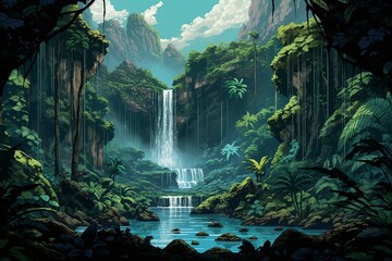 8-bit style artwork depicting a waterfall in a tropical forest. Generative AI - obrazy, fototapety, plakaty