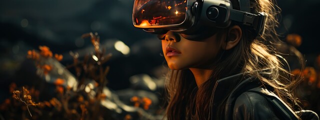 child wearing virtual reality glasses. Alpha Generation, digital natives concept. banner