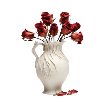 dried red roses in white vase isolated on white or transparent background