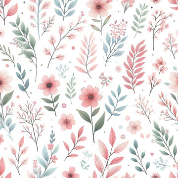 Seamless watercolor floral pattern - pink blush flowers elements, green leaves branches on dark black background; for wrappers, wallpapers, postcards, greeting cards, wedding invites, romantic events.