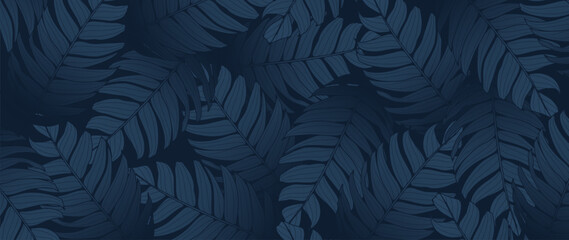 Dark blue luxury botanical background with branches and leaves. Botanical card, poster, banner, cover. - obrazy, fototapety, plakaty