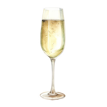 glass of champagne watercolor illustration isolated on white or transparent background