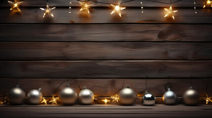 Christmas background with lights and baubles on dark wooden boards, festive festive backdrop