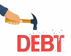 Businessman destroying the word debt with a hammer free from bank debits crisis vector illustration