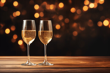 Two glasses of champagne on a wooden surface with a warm, bokeh light background, symbolizing celebration for Christmas or New Year's.