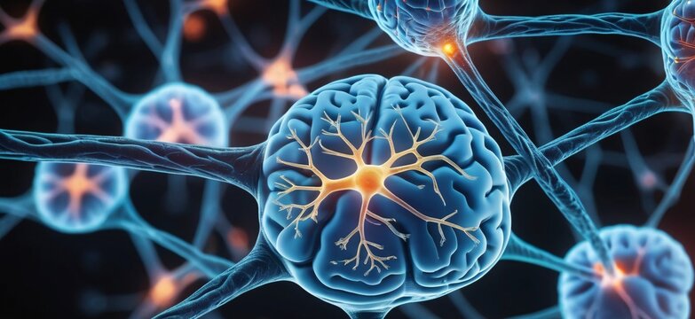 Abstract geometric background. DNA with hexagons. Structure of human brain cells, DNA neurons glowing light blue and yellow colors. Medicine, technology, communication concept.