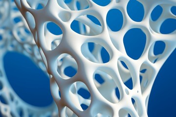 Cancellous bone on blue. Lack of calcium. 3D-rendered osteoporosis concept. Generative AI