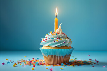 A candle on top of a cupcake, simple party background. Generative AI - obrazy, fototapety, plakaty