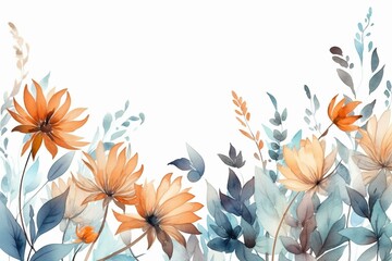 Watercolor-style soft orange and blue wildflowers and leaves decor on a line frame with a white background. Generative AI - obrazy, fototapety, plakaty
