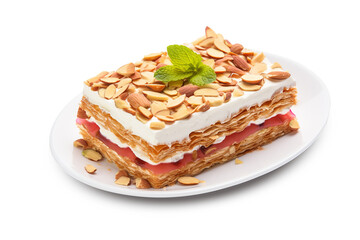 Close up of a fresh delicious Pakhlava dessert with mint leaves on top, isolated on a transparent background