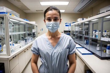 Fototapeta na wymiar doctor biologist scientist in a hi-tech medical facility room with manufacturing equipments with clinical gears and research materials