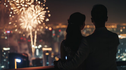 Couple on top of building watching fireworks at night above the city landscape