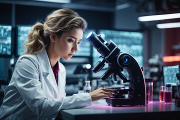 Close-up of a female scientist, assistant, doctor wearing a white coat conducts research, studies microorganisms, analyzes, substances under a microscope in a modern medical laboratory, hospital.