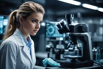 A woman scientist, laboratory assistant, doctor conducts research, studies microorganisms, analyzes, substances under a microscope in a modern medical laboratory, hospital.