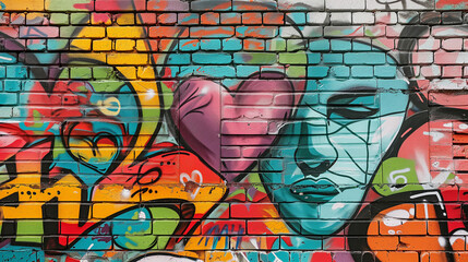 abstract creative graffiti art on a brick wall with human face eye and heart, Love and peace concept