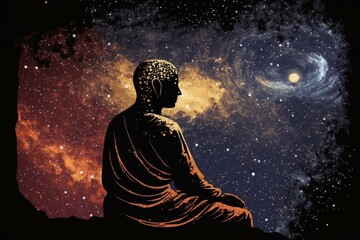 Fototapeta na wymiar Meditating Buddha in a cosmic universe, monk pondering spirituality. Illustrated Buddhism. Keywords: meditation, cosmos, monk, spirituality, Buddhism, contemplation, universe,. Generative AI