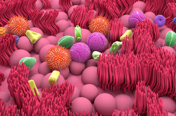 Multiple types of pollen grains in the nasal mucosa - isometric view 3d illustration - obrazy, fototapety, plakaty
