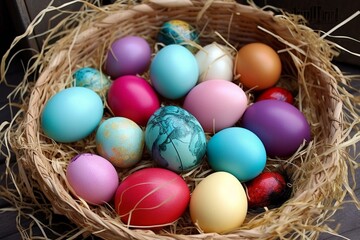 Fototapeta na wymiar Colorful Easter decorations, holiday celebration, tradition, colored eggs, vibrant symbols, seasonal designs. Generative AI