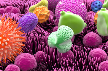 Multiple types of pollen grains in the trachea - closeup view 3d illustration - obrazy, fototapety, plakaty