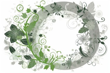 Horizontal circular image with eco friendly, green and grey floral elements. Generative AI