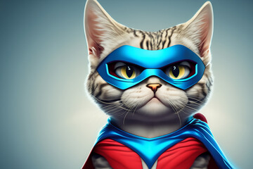 cartoon. cheerful cartoon cat with a mask and a colorful superhero costume on a blue gradient background