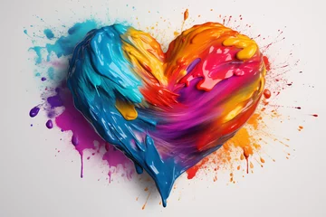 Poster An abstract artistic heart composed of vibrant paint splashes in blue, orange, and pink hues, symbolizing creativity and love. © Ash