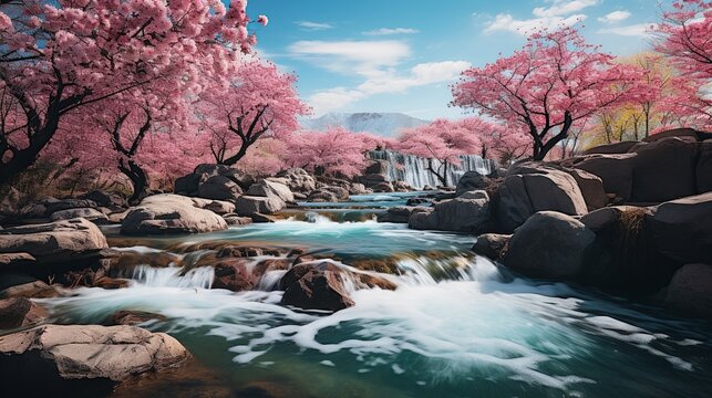 waterfall in a beautiful mountain area surrounded by cherry trees