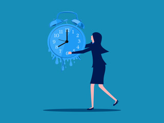 Business deteriorates over time. Businesswoman holding a melting watch. vector illustration