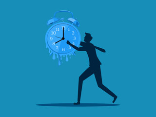Business deteriorates over time. man holding a melting watch. vector illustration