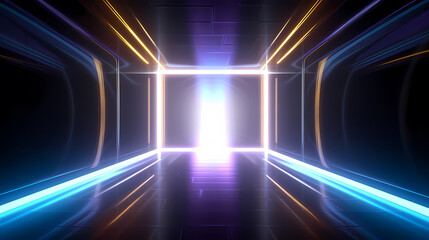 Metallic glowing tunnel, neon lights and perspective, abstract tech futuristic background, PPT background