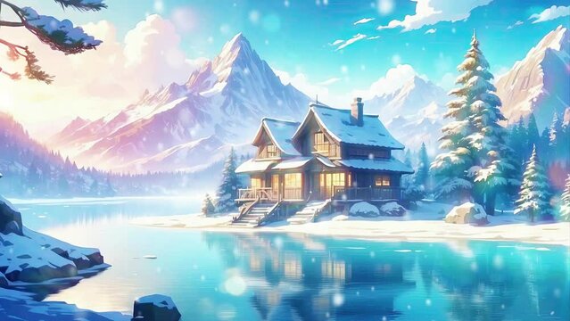 Lakeside house in winter landscape with snowstorm animation
