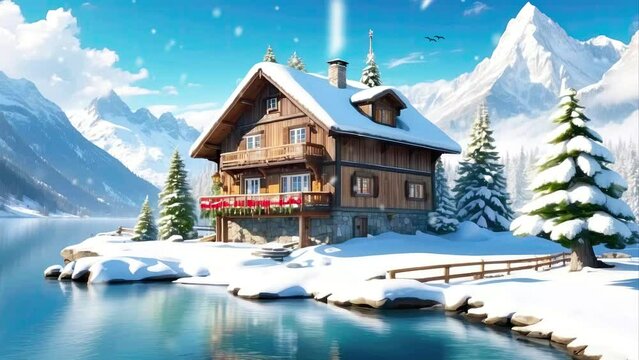 Log cabin with snowstorm with mountain background animation