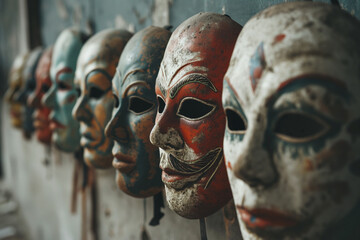 Row of Antique Drama Masks, Ideal for Historical and Theatrical Concepts - obrazy, fototapety, plakaty