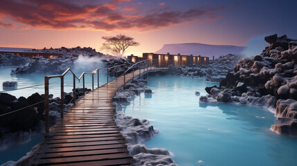Fototapeta premium Sunset view at hotel hot spring