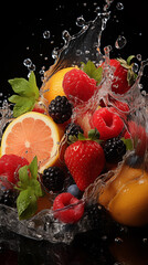 fruit in splash on a black background
