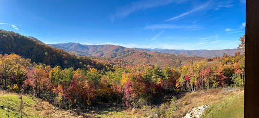 Naklejka premium A view of the Blue Ridge Parkway during the autumn fall color changing season.