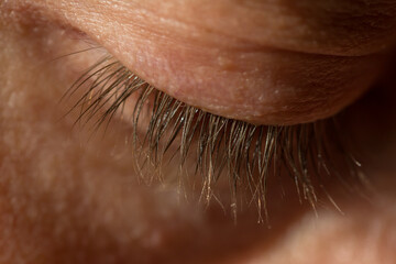 Tired human eye with red capillaries - obrazy, fototapety, plakaty