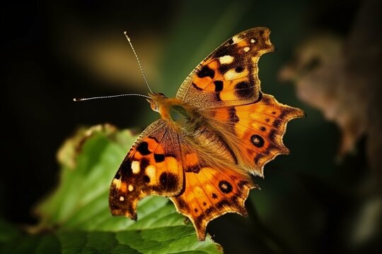 Close-up focus on comma butterfly, a hibernating species that swiftly emerges in spring. Generative AI