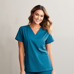 Young attractive woman smiling wearing dark green teal medical scrubs garment attire on plain background - obrazy, fototapety, plakaty