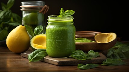 Fototapeta premium fresh avocado juice in a jar with mint leaves on top