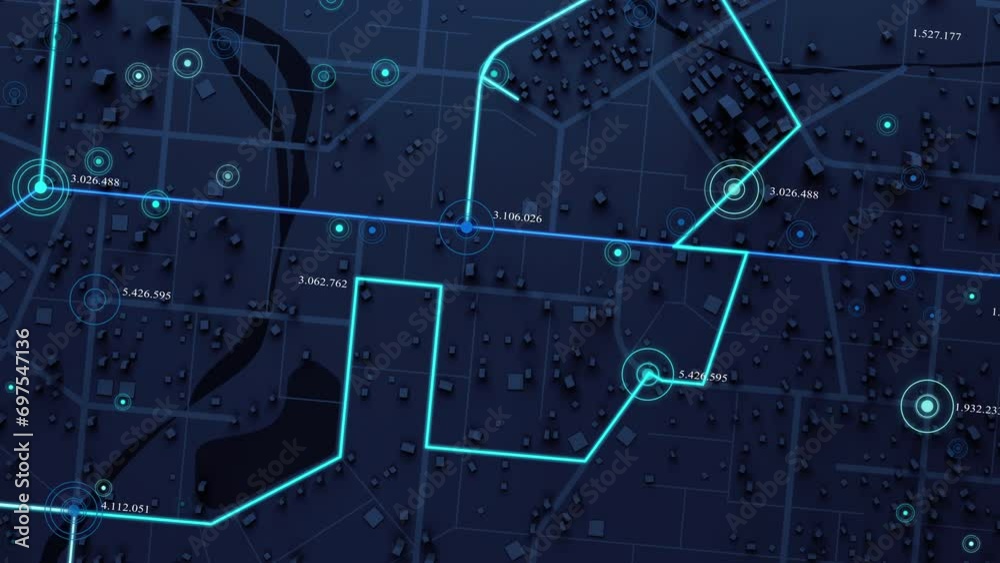 Poster 3d rendering top view city map with navigator line and destination gps technology transportation, fu
