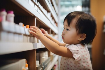 Toddler kid trying to reach medical pill tablet shelf. Generative AI