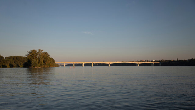 View of Pupin Bridge (Pupinov Most) spanning the Danube River between Zemun and Borča, Serbia