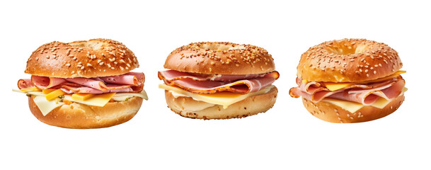 Set of ham cheese bagel isolated on transparent background.